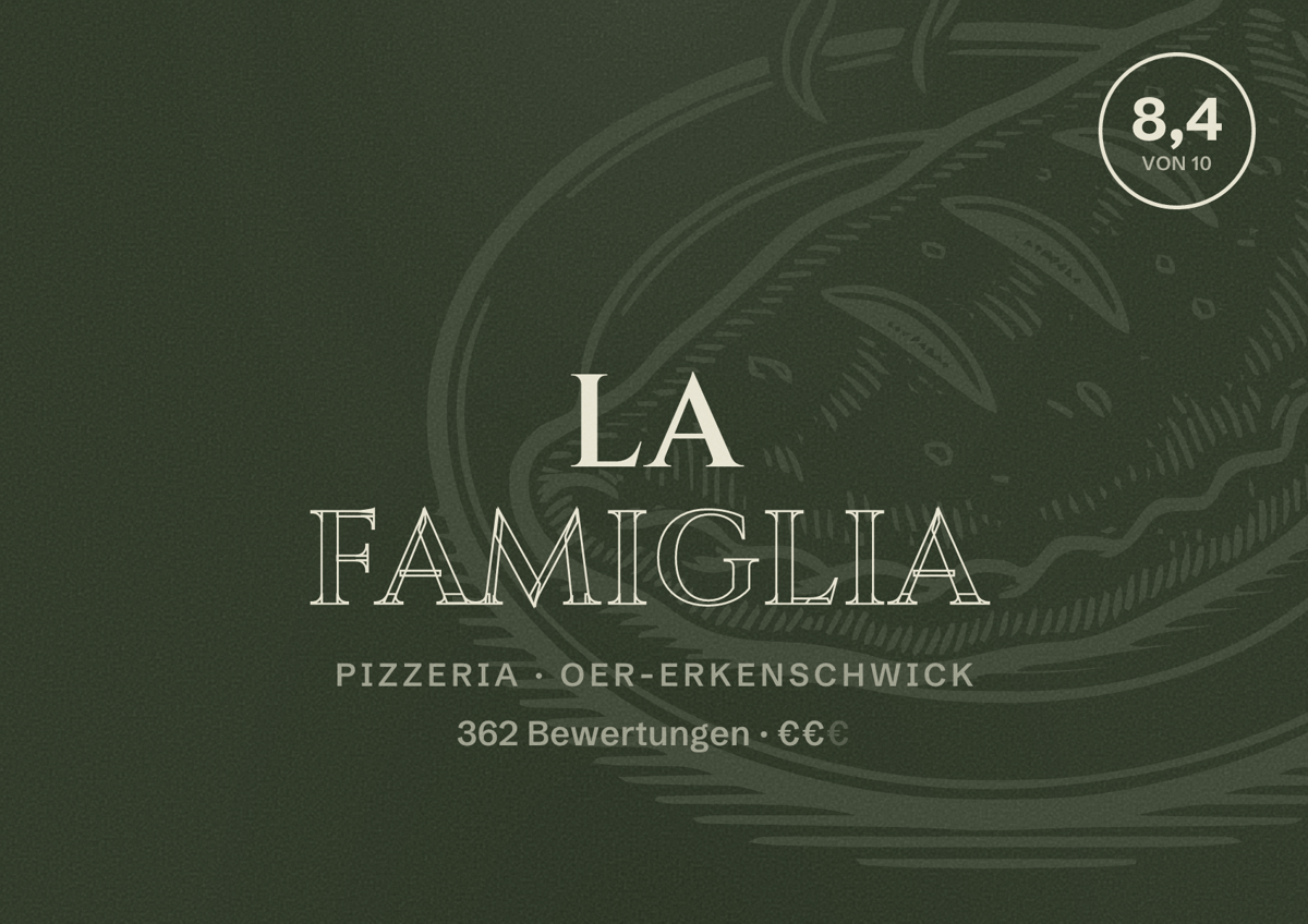 Illustriertes Poster von La Famiglia, Pizzeria in Oer-Erkenschwick: Bewertung 8,4 von 10 aus 362 Bewertungen, Preisniveau €€