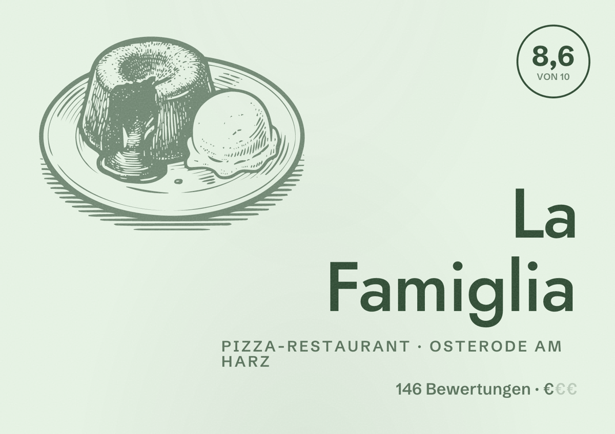 Illustriertes Poster von La Famiglia, Pizza-Restaurant in Osterode am Harz: Bewertung 8,6 von 10 aus 146 Bewertungen, Preisniveau €