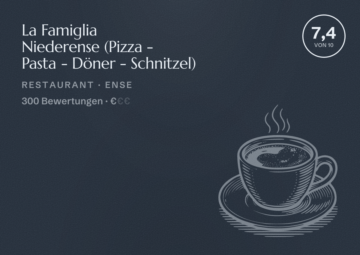 Illustriertes Poster von La Famiglia Niederense (Pizza - Pasta - Döner - Schnitzel), Restaurant in Ense: Bewertung 7,4 von 10 aus 300 Bewertungen, Preisniveau €
