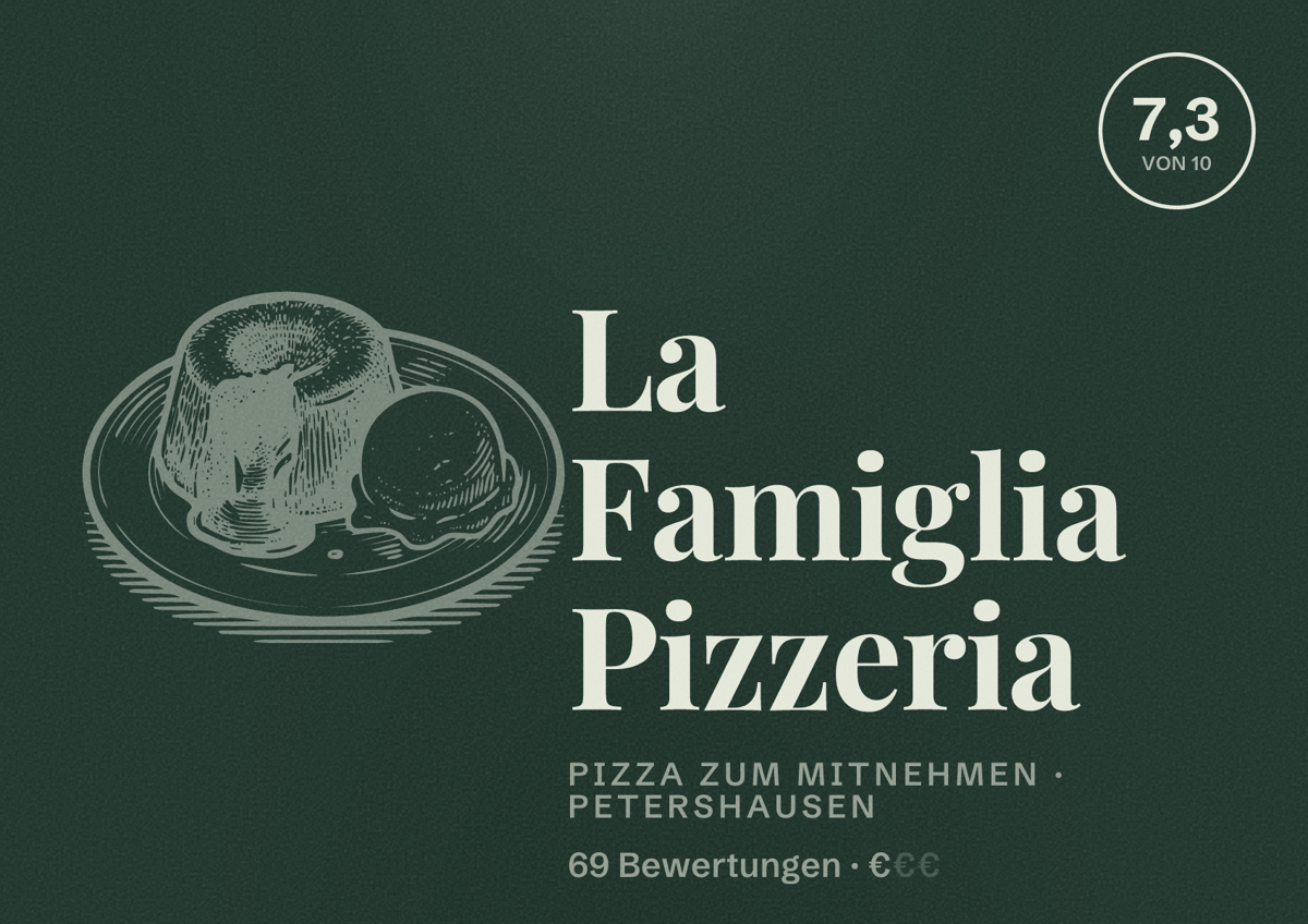Illustriertes Poster von La Famiglia Pizzeria, Pizza zum Mitnehmen in Petershausen: Bewertung 7,3 von 10 aus 69 Bewertungen, Preisniveau €