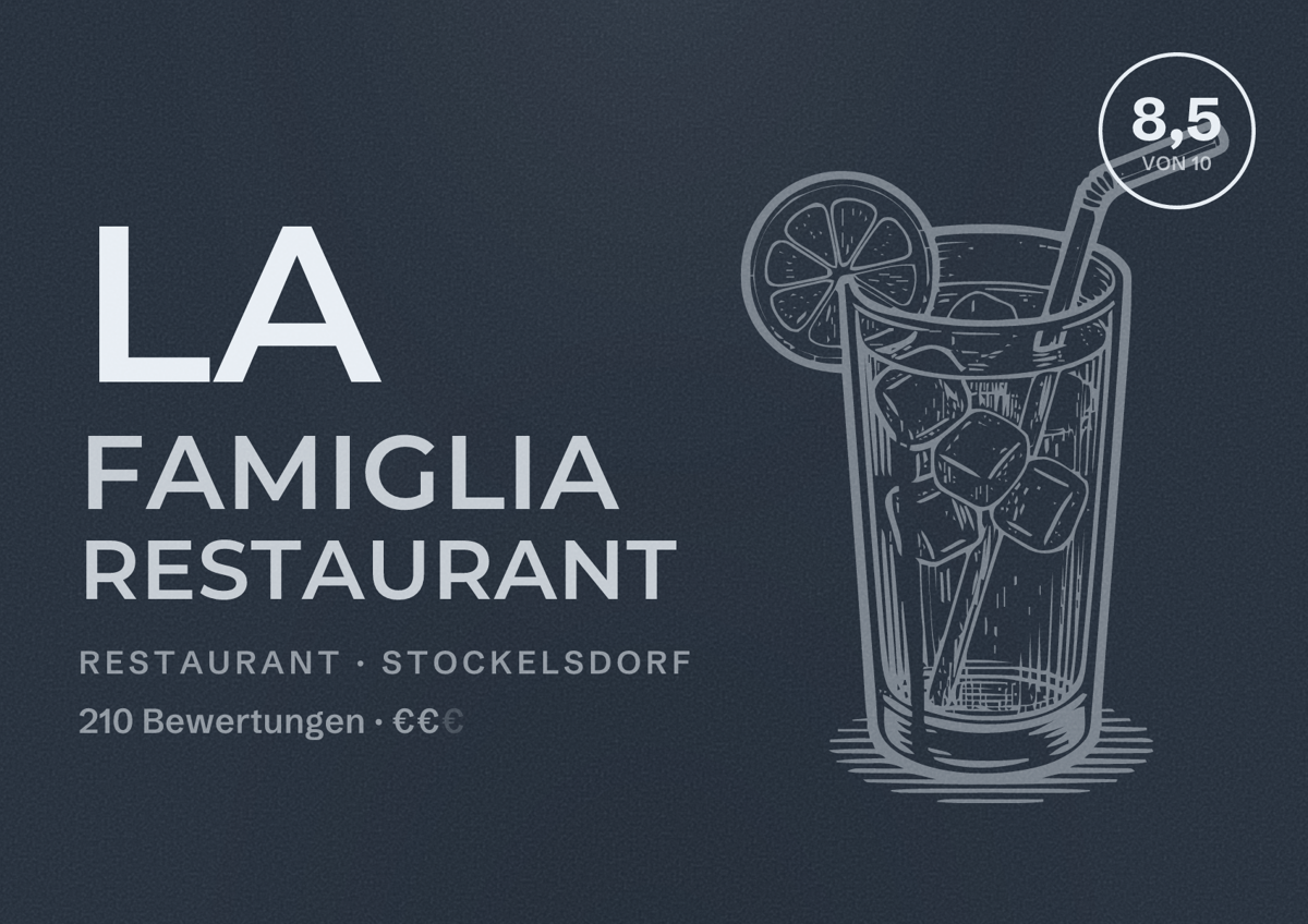Illustriertes Poster von La Famiglia Restaurant, Restaurant in Stockelsdorf: Bewertung 8,5 von 10 aus 210 Bewertungen, Preisniveau €€