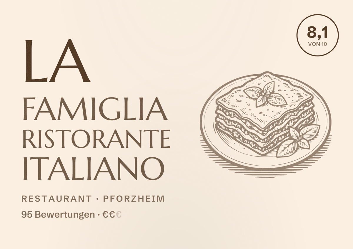 Illustriertes Poster von La Famiglia Ristorante Italiano, Restaurant in Pforzheim: Bewertung 8,1 von 10 aus 95 Bewertungen, Preisniveau €€