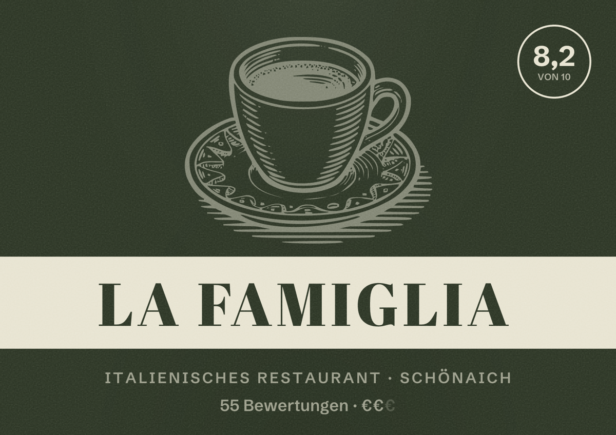 Illustriertes Poster von La Famiglia, Italienisches Restaurant in Schönaich: Bewertung 8,2 von 10 aus 55 Bewertungen, Preisniveau €€