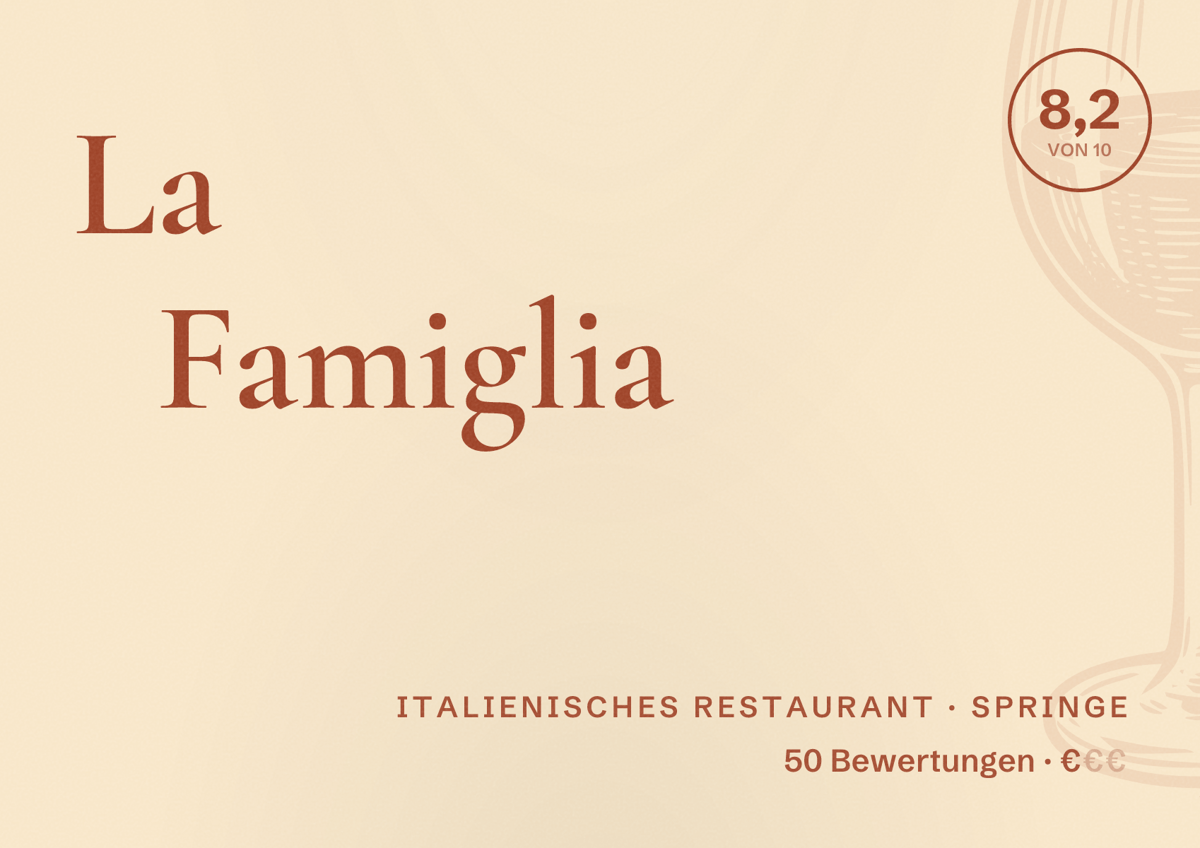 Illustriertes Poster von La Famiglia, Italienisches Restaurant in Springe: Bewertung 8,2 von 10 aus 50 Bewertungen, Preisniveau €