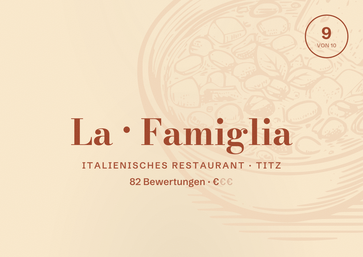 Illustriertes Poster von La Famiglia, Italienisches Restaurant in Titz: Bewertung 9 von 10 aus 82 Bewertungen, Preisniveau €