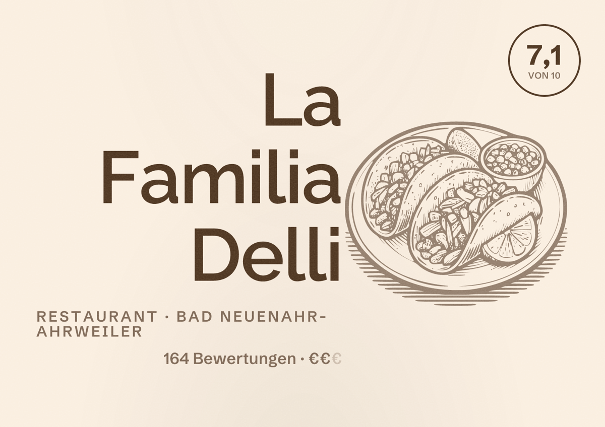 Illustriertes Poster von La Familia Delli, Restaurant in Bad Neuenahr-Ahrweiler: Bewertung 7,1 von 10 aus 164 Bewertungen, Preisniveau €€
