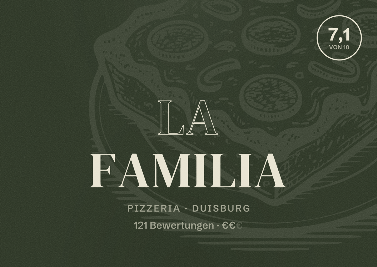 Illustriertes Poster von La Familia, Pizzeria in Duisburg: Bewertung 7,1 von 10 aus 121 Bewertungen, Preisniveau €€