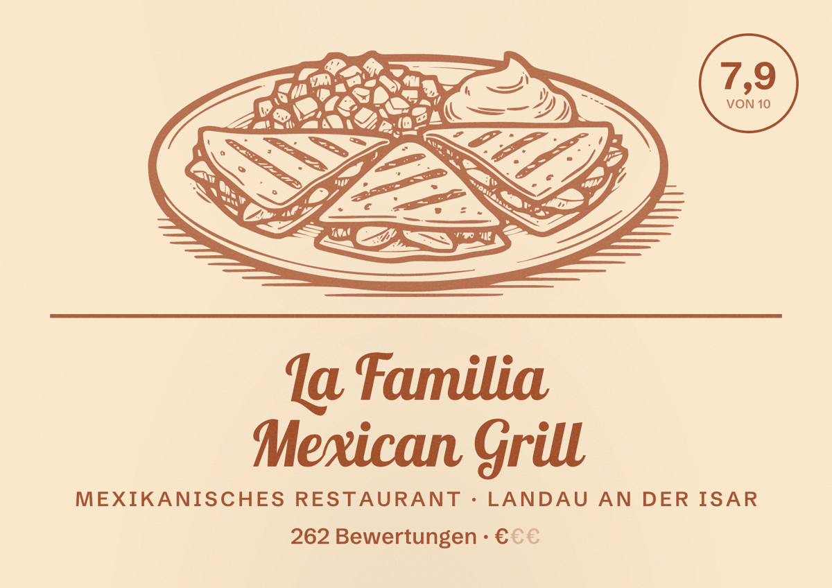 Illustriertes Poster von La Familia Mexican Grill, Mexikanisches Restaurant in Landau an der Isar: Bewertung 7,9 von 10 aus 262 Bewertungen, Preisniveau €
