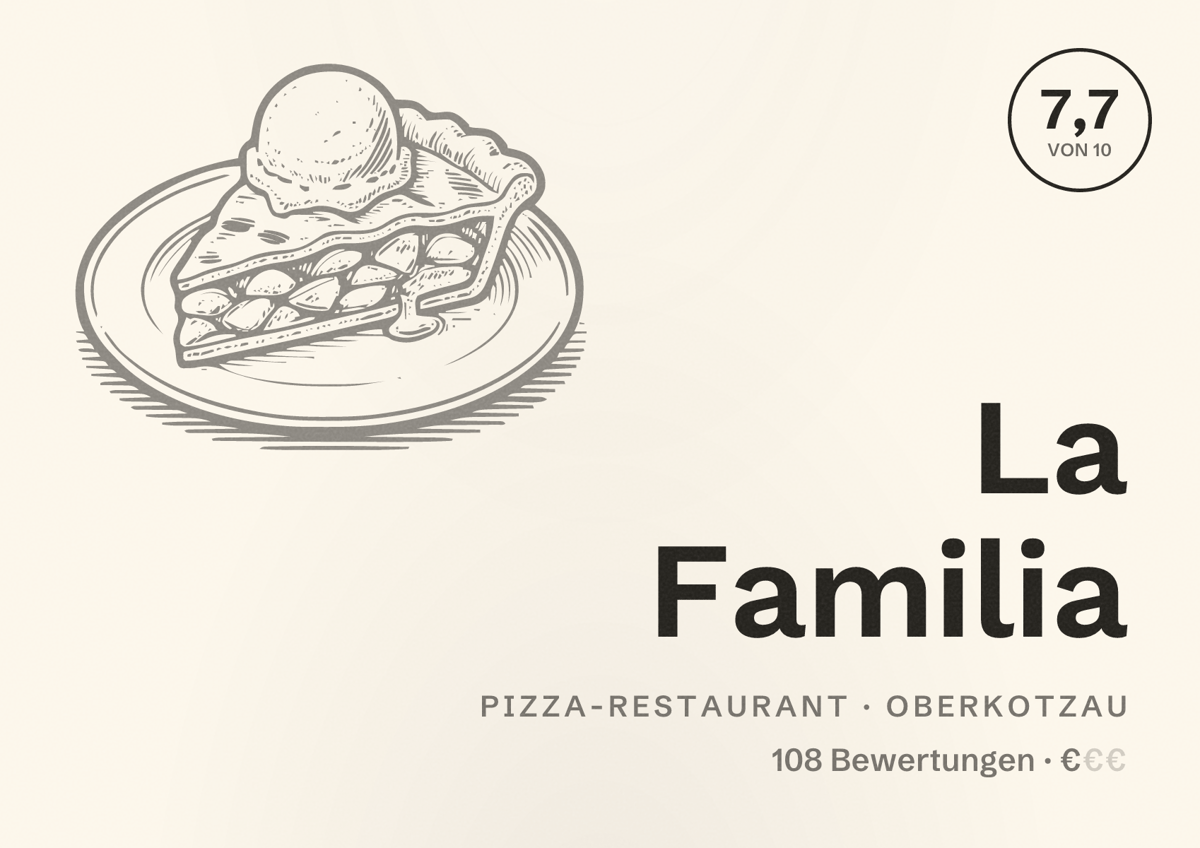 Illustriertes Poster von La Familia, Pizza-Restaurant in Oberkotzau: Bewertung 7,7 von 10 aus 108 Bewertungen, Preisniveau €