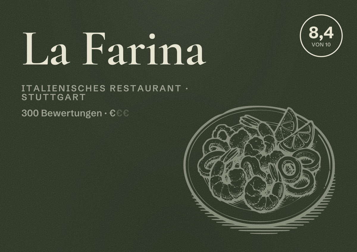 Illustriertes Poster von La Farina, Italienisches Restaurant in Stuttgart: Bewertung 8,4 von 10 aus 300 Bewertungen, Preisniveau €