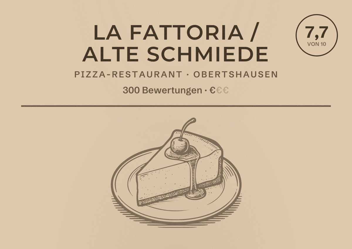 Illustriertes Poster von La Fattoria / Alte Schmiede, Pizza-Restaurant in Obertshausen: Bewertung 7,7 von 10 aus 300 Bewertungen, Preisniveau €