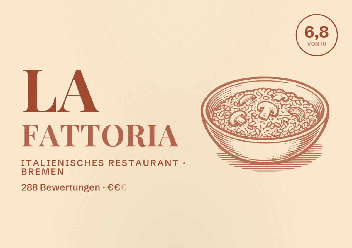 Illustriertes Poster von La Fattoria, Italienisches Restaurant in Bremen: Bewertung 6,8 von 10 aus 288 Bewertungen, Preisniveau €€