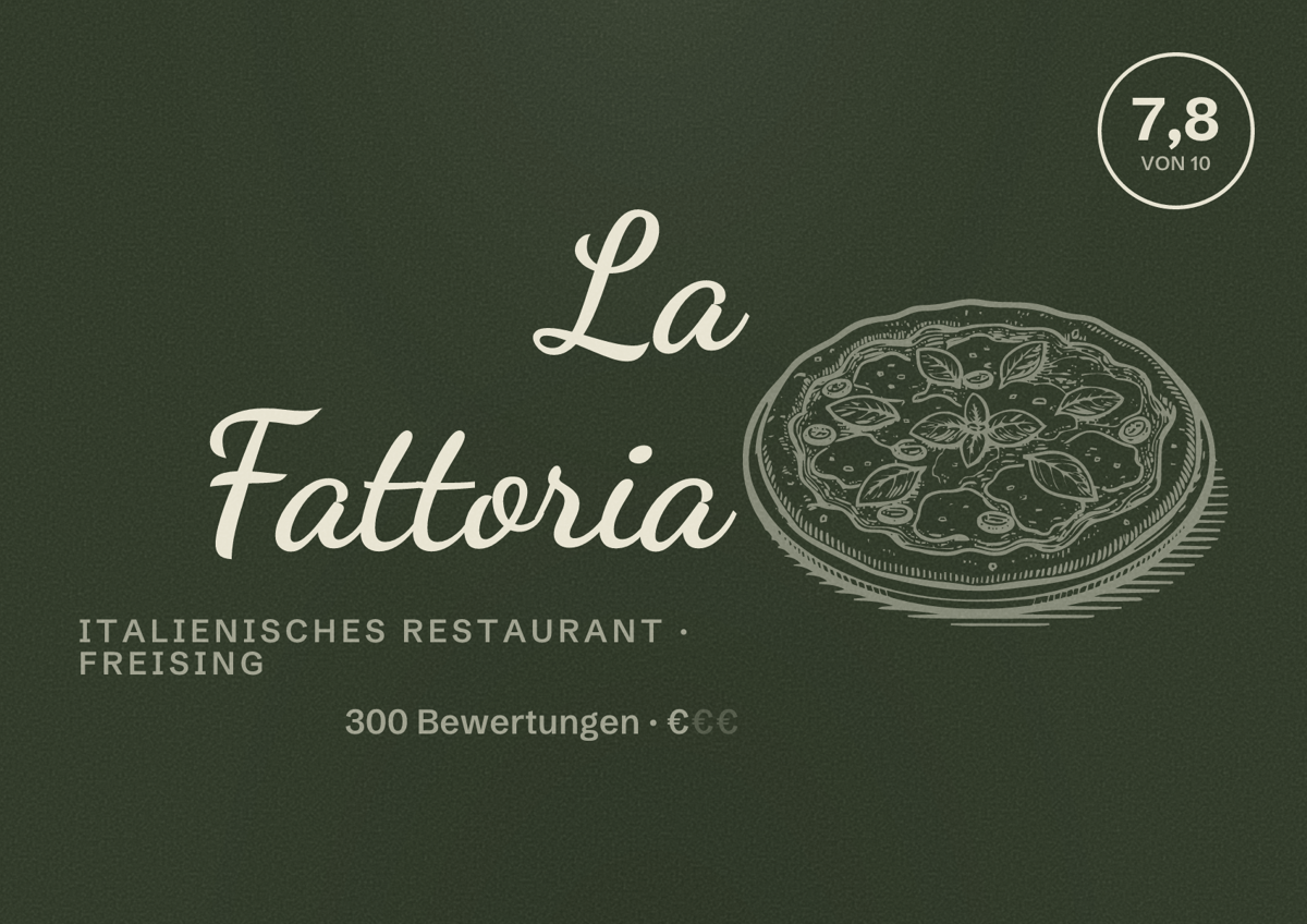 Illustriertes Poster von La Fattoria, Italienisches Restaurant in Freising: Bewertung 7,8 von 10 aus 300 Bewertungen, Preisniveau €