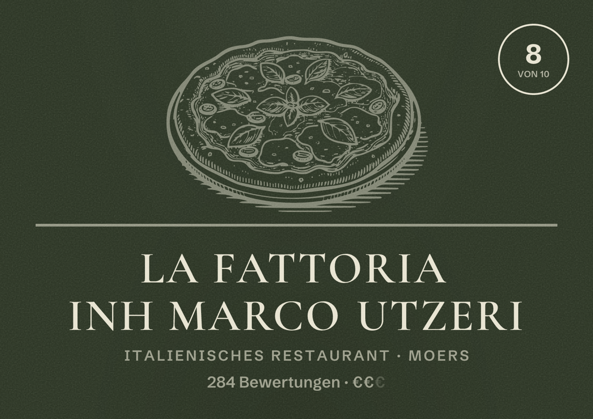 Illustriertes Poster von La Fattoria Inh Marco Utzeri, Italienisches Restaurant in Moers: Bewertung 8 von 10 aus 284 Bewertungen, Preisniveau €€