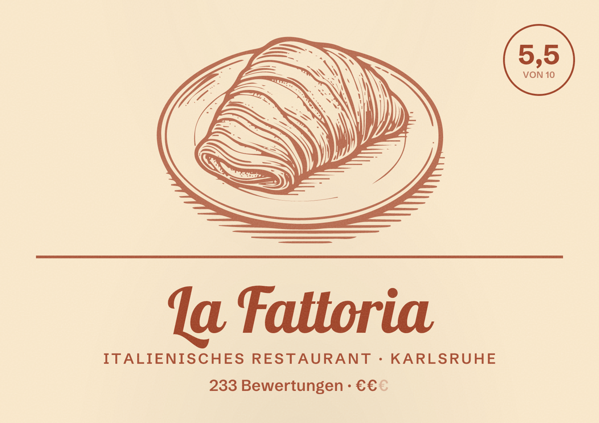Illustriertes Poster von La Fattoria, Italienisches Restaurant in Karlsruhe: Bewertung 5,5 von 10 aus 233 Bewertungen, Preisniveau €€