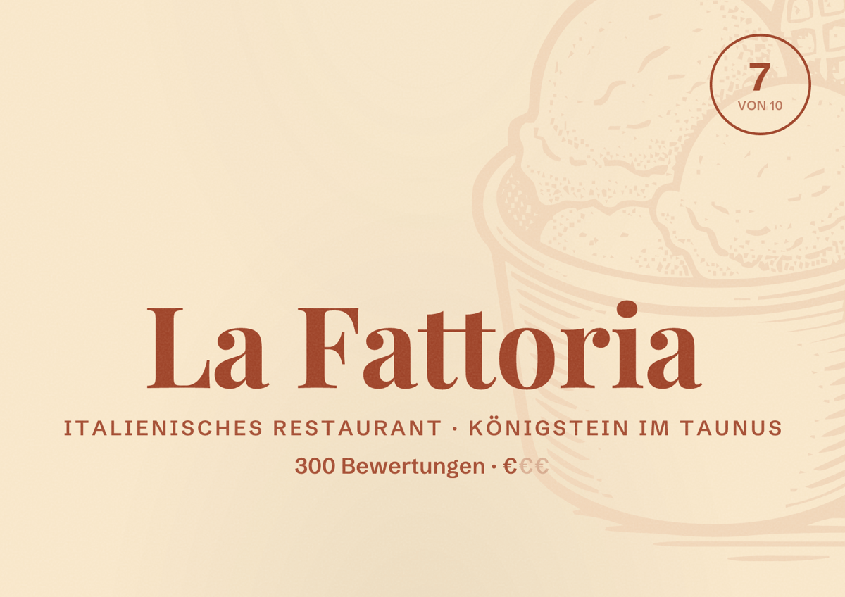 Illustriertes Poster von La Fattoria, Italienisches Restaurant in Königstein im Taunus: Bewertung 7 von 10 aus 300 Bewertungen, Preisniveau €