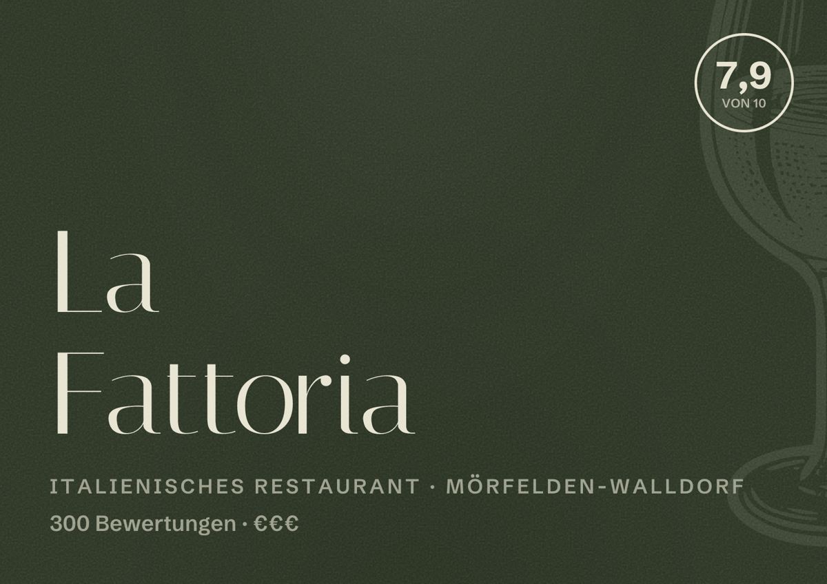 Illustriertes Poster von La Fattoria, Italienisches Restaurant in Mörfelden-Walldorf: Bewertung 7,9 von 10 aus 300 Bewertungen, Preisniveau €€€
