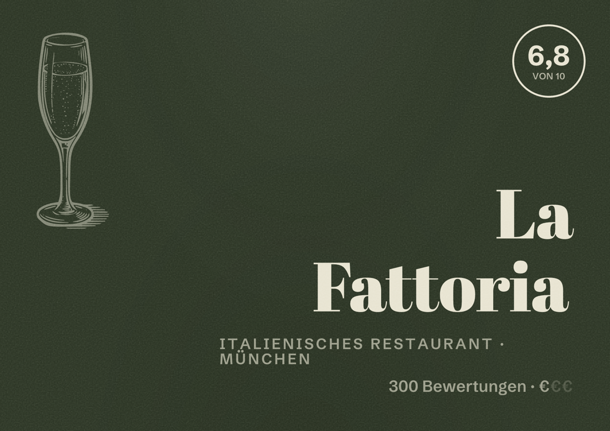 Illustriertes Poster von La Fattoria, Italienisches Restaurant in München: Bewertung 6,8 von 10 aus 300 Bewertungen, Preisniveau €