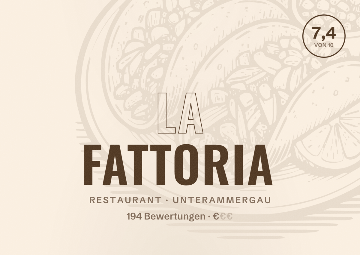 Illustriertes Poster von La fattoria, Restaurant in Unterammergau: Bewertung 7,4 von 10 aus 194 Bewertungen, Preisniveau €