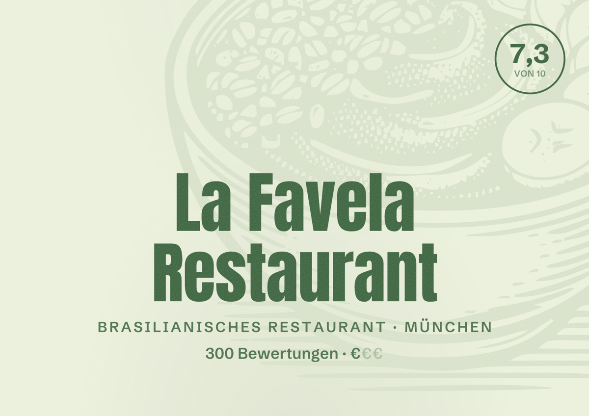 Illustriertes Poster von La Favela Restaurant, Brasilianisches Restaurant in München: Bewertung 7,3 von 10 aus 300 Bewertungen, Preisniveau €