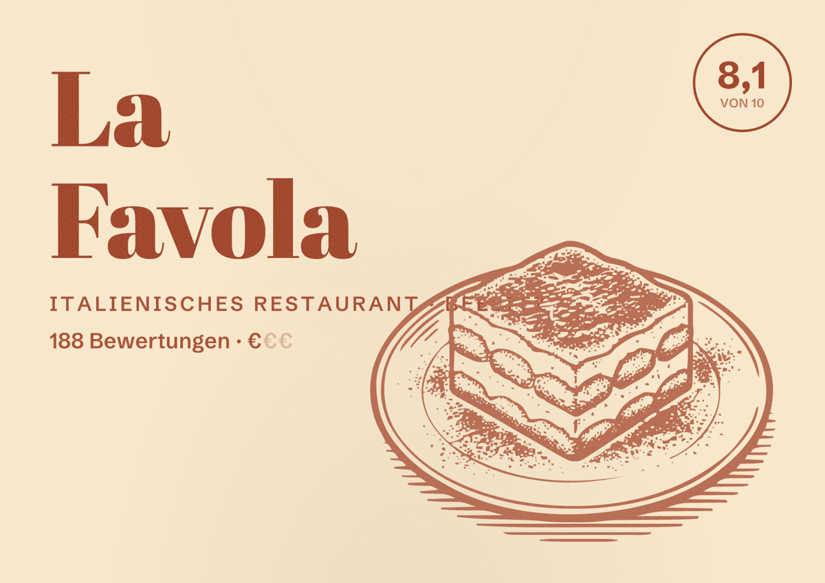 Illustriertes Poster von La Favola, Italienisches Restaurant in Beelitz: Bewertung 8,1 von 10 aus 188 Bewertungen, Preisniveau €