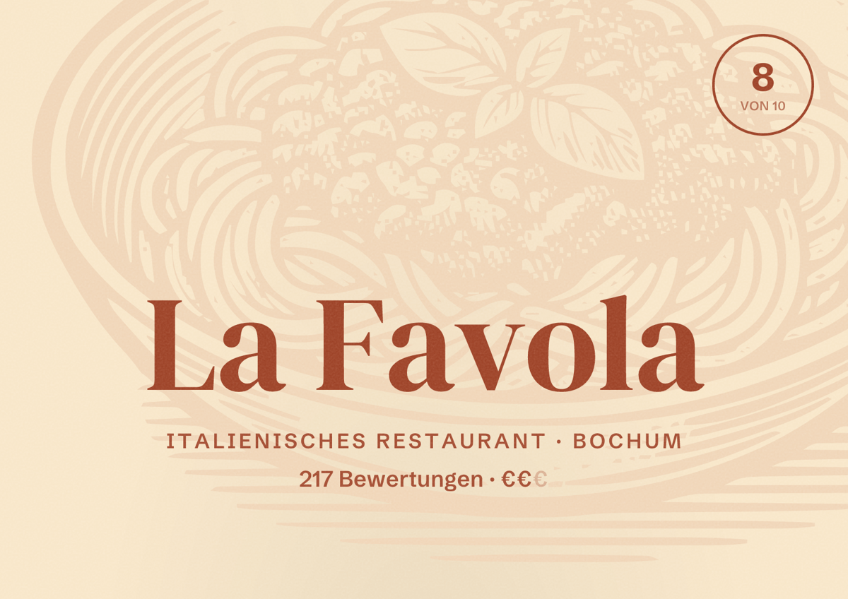 Illustriertes Poster von La Favola, Italienisches Restaurant in Bochum: Bewertung 8 von 10 aus 217 Bewertungen, Preisniveau €€