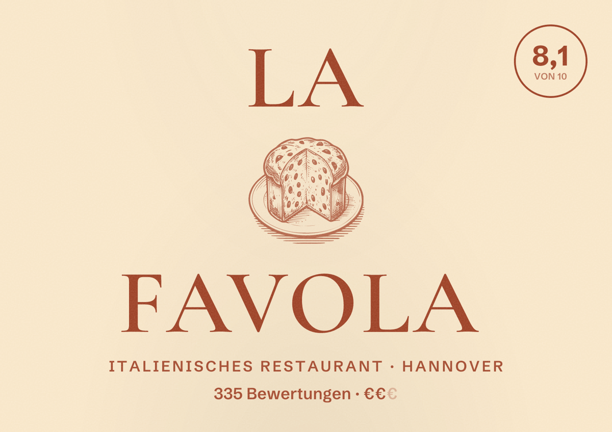 Illustriertes Poster von La Favola, Italienisches Restaurant in Hannover: Bewertung 8,1 von 10 aus 335 Bewertungen, Preisniveau €€