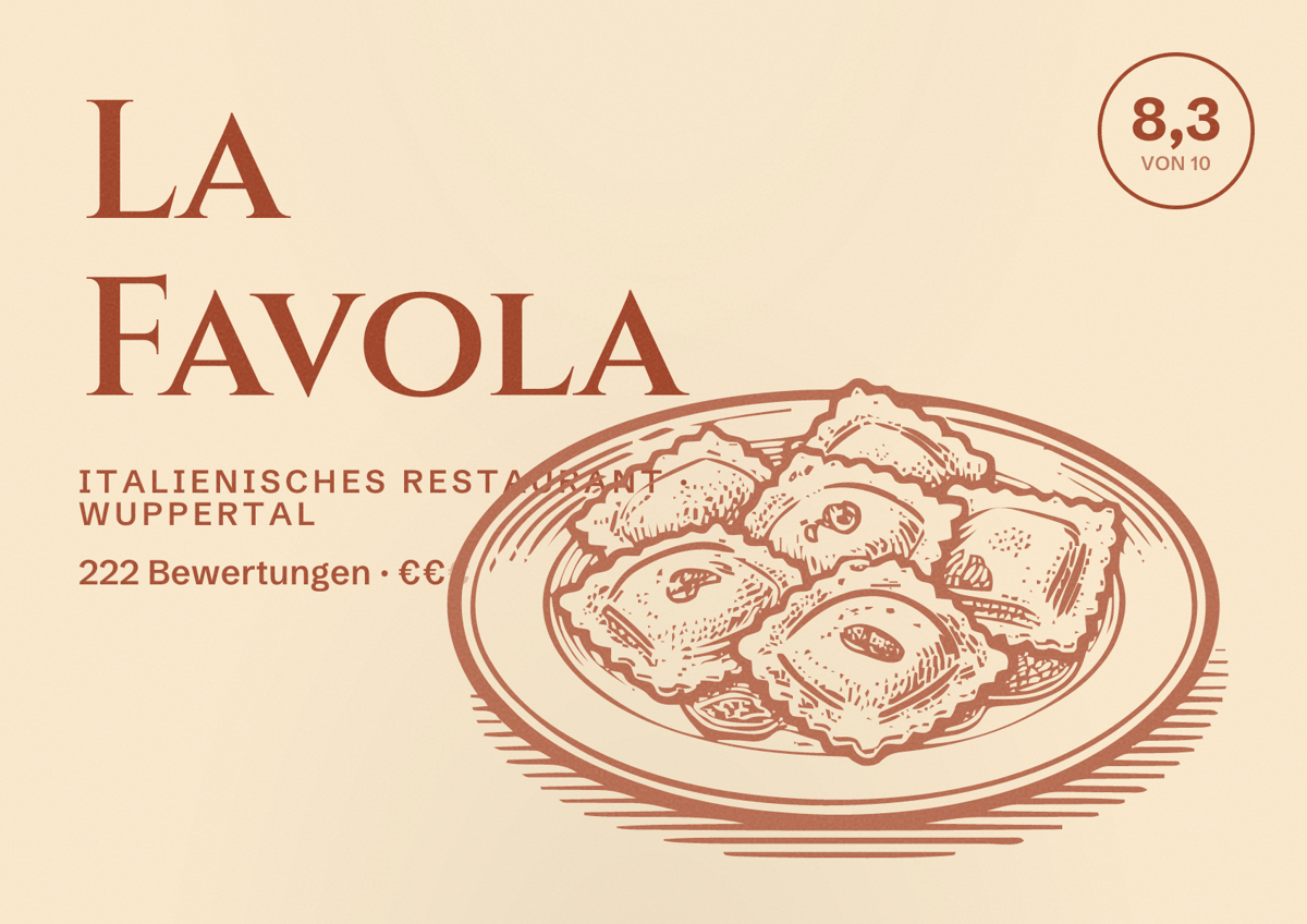 Illustriertes Poster von La Favola, Italienisches Restaurant in Wuppertal: Bewertung 8,3 von 10 aus 222 Bewertungen, Preisniveau €€