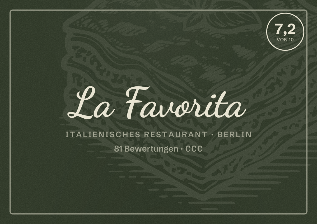 Illustriertes Poster von La Favorita, Italienisches Restaurant in Berlin: Bewertung 7,2 von 10 aus 81 Bewertungen, Preisniveau €€€