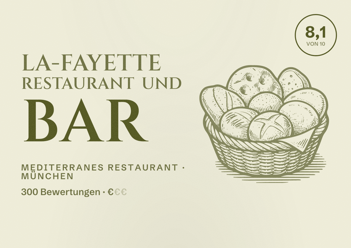 Illustriertes Poster von LA-FAYETTE Restaurant und Bar, Mediterranes Restaurant in München: Bewertung 8,1 von 10 aus 300 Bewertungen, Preisniveau €