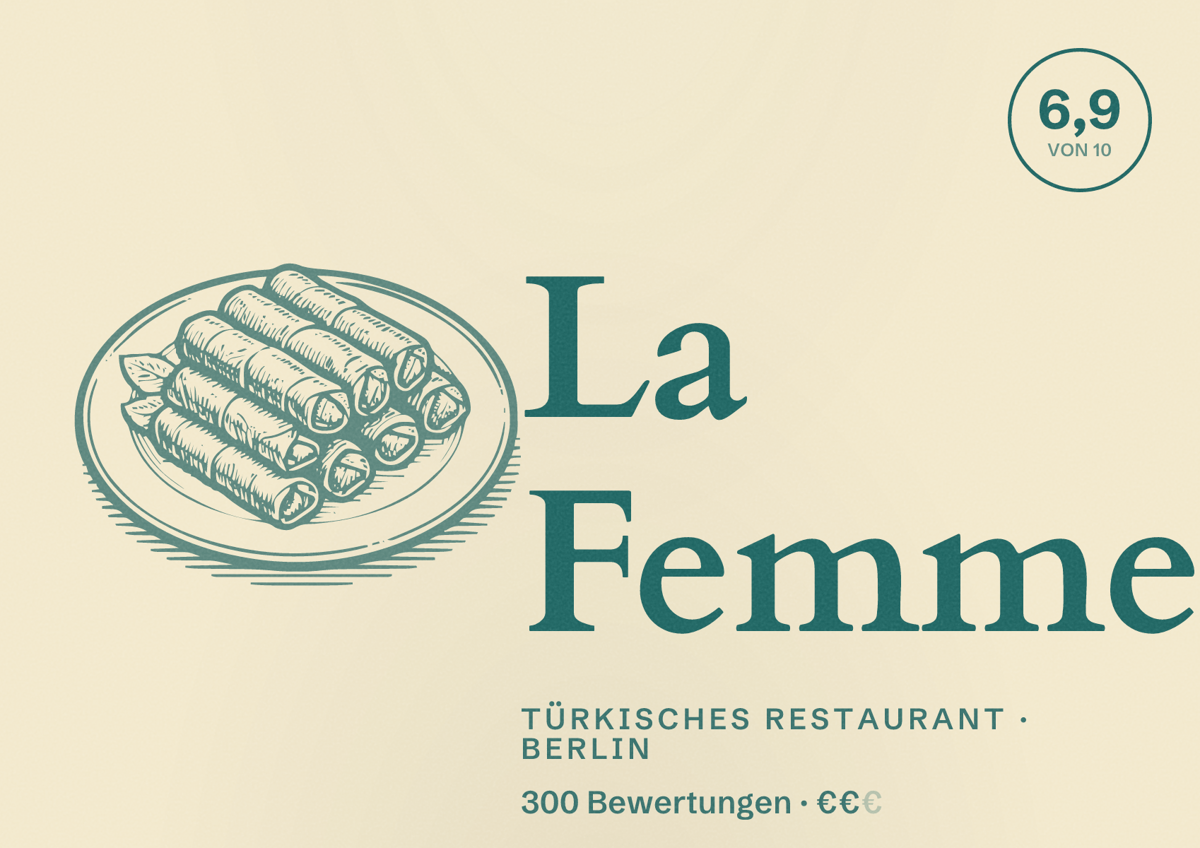 Illustriertes Poster von La Femme, Türkisches Restaurant in Berlin: Bewertung 6,9 von 10 aus 300 Bewertungen, Preisniveau €€