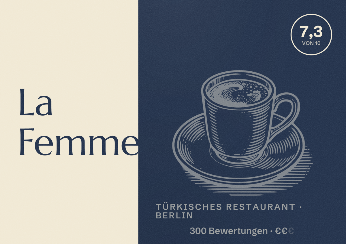 Illustriertes Poster von La Femme, Türkisches Restaurant in Berlin: Bewertung 7,3 von 10 aus 300 Bewertungen, Preisniveau €€