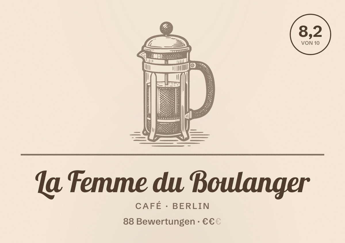 Illustriertes Poster von La Femme du Boulanger, Café in Berlin: Bewertung 8,2 von 10 aus 88 Bewertungen, Preisniveau €€