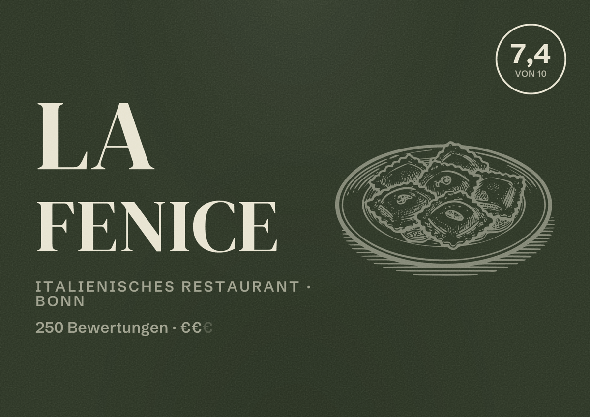 Illustriertes Poster von La Fenice, Italienisches Restaurant in Bonn: Bewertung 7,4 von 10 aus 250 Bewertungen, Preisniveau €€
