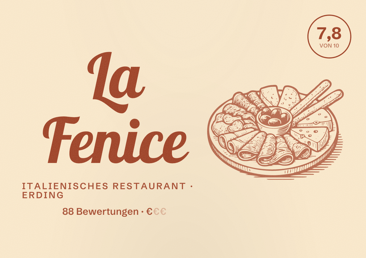 Illustriertes Poster von La Fenice, Italienisches Restaurant in Erding: Bewertung 7,8 von 10 aus 88 Bewertungen, Preisniveau €