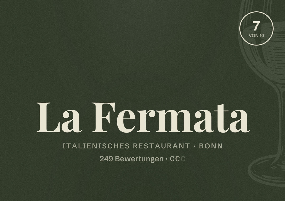 Illustriertes Poster von La Fermata, Italienisches Restaurant in Bonn: Bewertung 7 von 10 aus 249 Bewertungen, Preisniveau €€