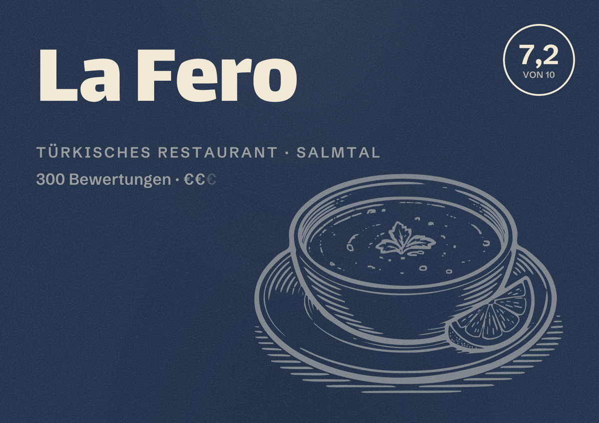 Illustriertes Poster von La Fero, Türkisches Restaurant in Salmtal: Bewertung 7,2 von 10 aus 300 Bewertungen, Preisniveau €€