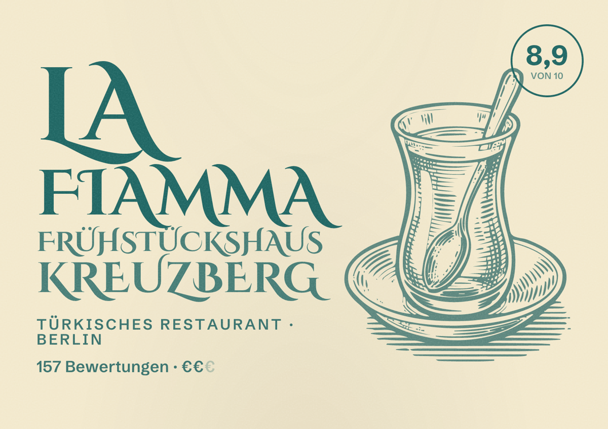 Illustriertes Poster von La Fiamma Frühstückshaus Kreuzberg, Türkisches Restaurant in Berlin: Bewertung 8,9 von 10 aus 157 Bewertungen, Preisniveau €€