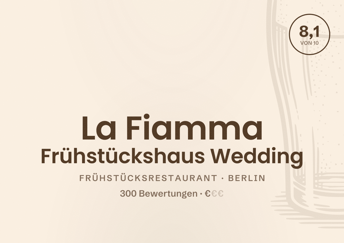 Illustriertes Poster von La Fiamma Frühstückshaus Wedding, Frühstücksrestaurant in Berlin: Bewertung 8,1 von 10 aus 300 Bewertungen, Preisniveau €