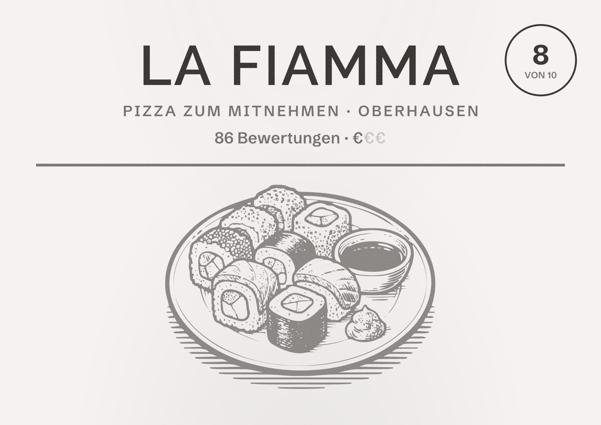 Illustriertes Poster von La Fiamma, Pizza zum Mitnehmen in Oberhausen: Bewertung 8 von 10 aus 86 Bewertungen, Preisniveau €