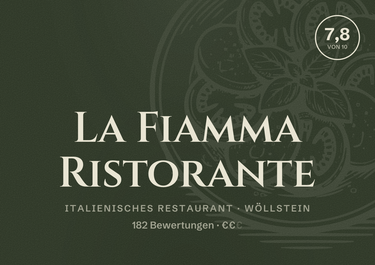 Illustriertes Poster von La Fiamma Ristorante, Italienisches Restaurant in Wöllstein: Bewertung 7,8 von 10 aus 182 Bewertungen, Preisniveau €€