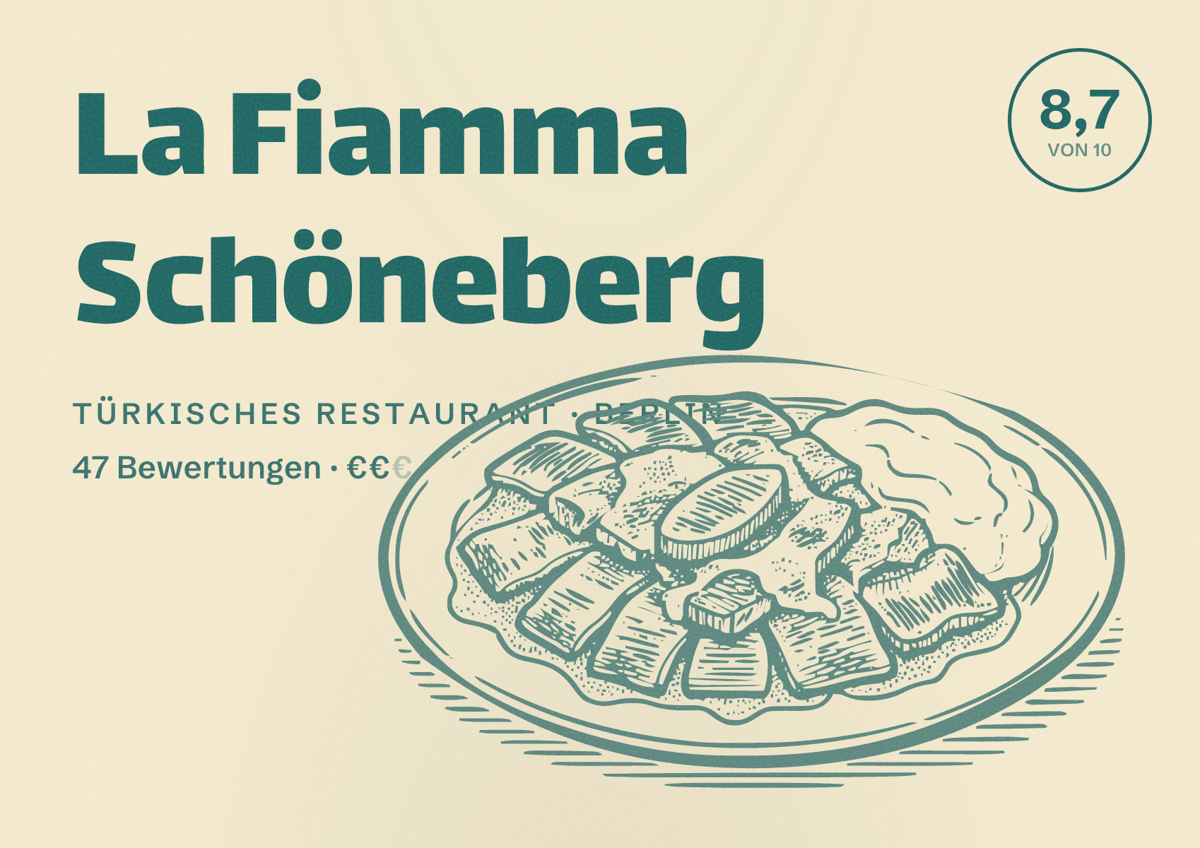Illustriertes Poster von La Fiamma Schöneberg, Türkisches Restaurant in Berlin: Bewertung 8,7 von 10 aus 47 Bewertungen, Preisniveau €€