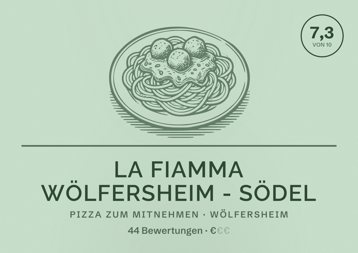 Illustriertes Poster von La Fiamma Wölfersheim - Södel, Pizza zum Mitnehmen in Wölfersheim: Bewertung 7,3 von 10 aus 44 Bewertungen, Preisniveau €