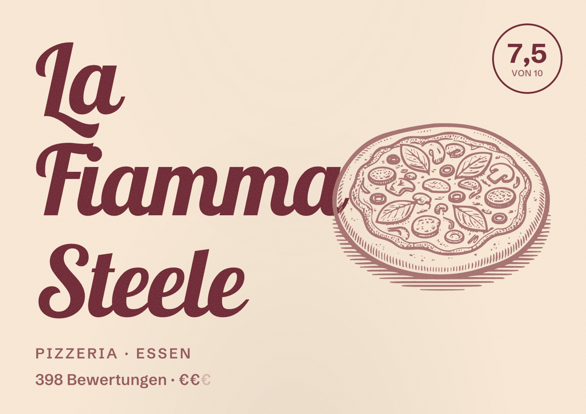 Illustriertes Poster von La Fiamma Steele, Pizzeria in Essen: Bewertung 7,5 von 10 aus 398 Bewertungen, Preisniveau €€