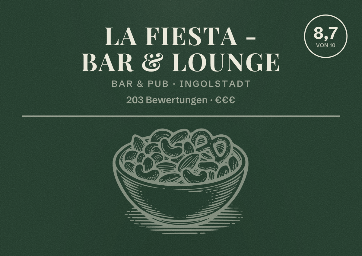 Illustriertes Poster von La Fiesta - Bar & Lounge, Bar & Pub in Ingolstadt: Bewertung 8,7 von 10 aus 203 Bewertungen, Preisniveau €€€