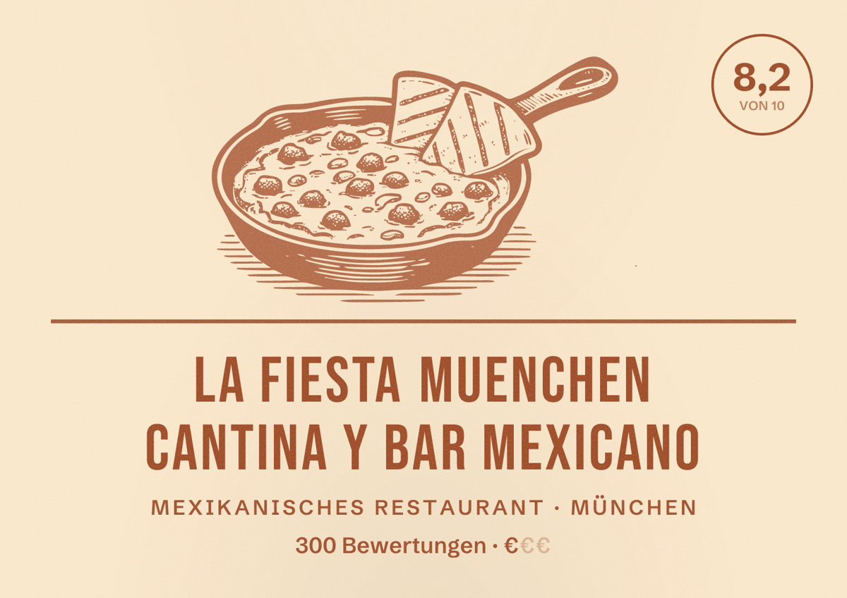 Illustriertes Poster von La Fiesta Muenchen Cantina y Bar Mexicano, Mexikanisches Restaurant in München: Bewertung 8,2 von 10 aus 300 Bewertungen, Preisniveau €