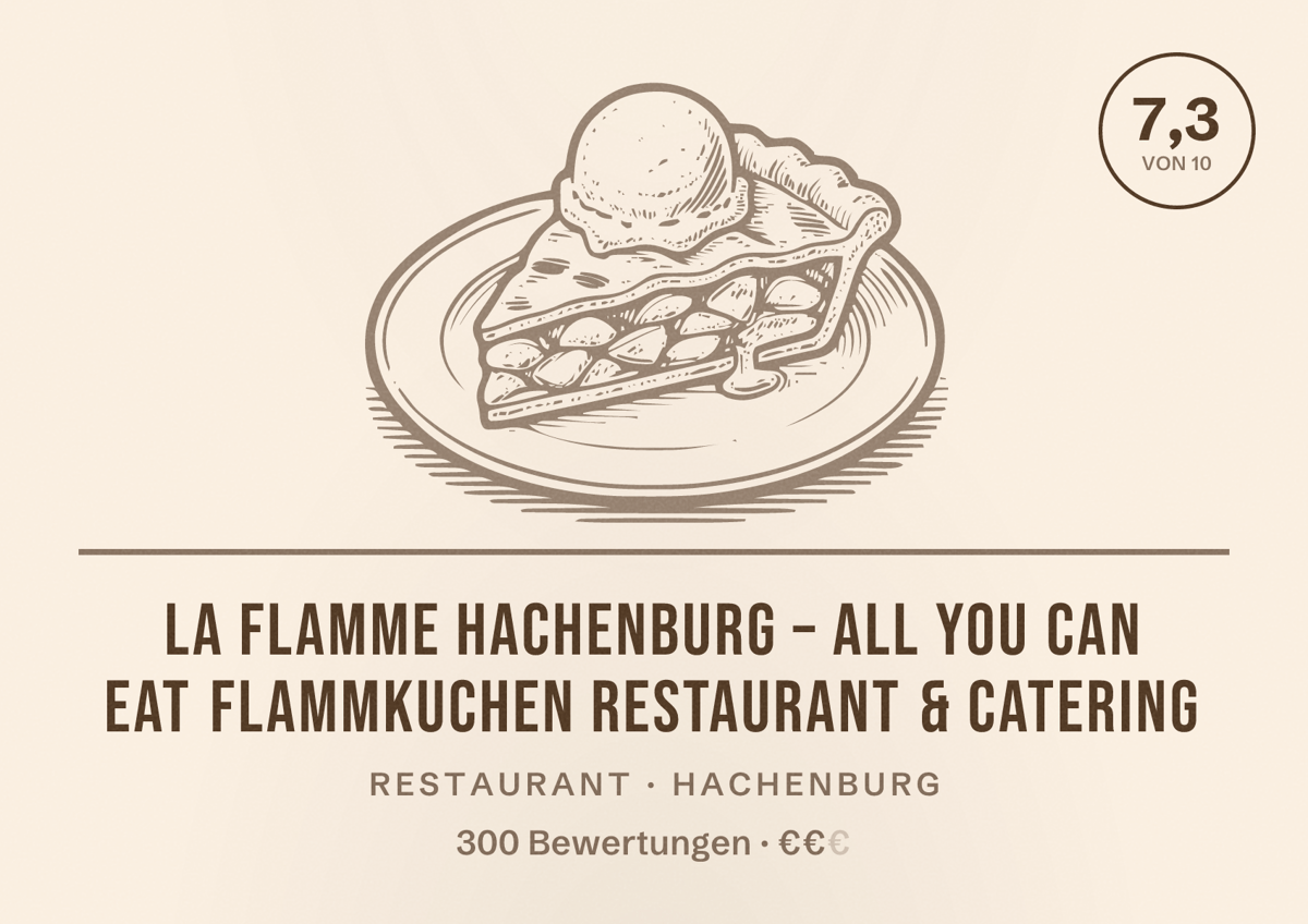 Illustriertes Poster von La Flamme Hachenburg – all you can eat Flammkuchen Restaurant & Catering, Restaurant in Hachenburg: Bewertung 7,3 von 10 aus 300 Bewertungen, Preisniveau €€