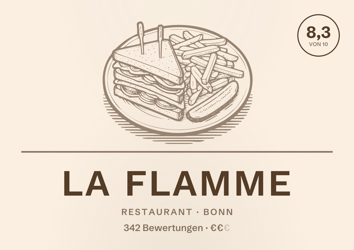 Illustriertes Poster von La Flamme, Restaurant in Bonn: Bewertung 8,3 von 10 aus 342 Bewertungen, Preisniveau €€