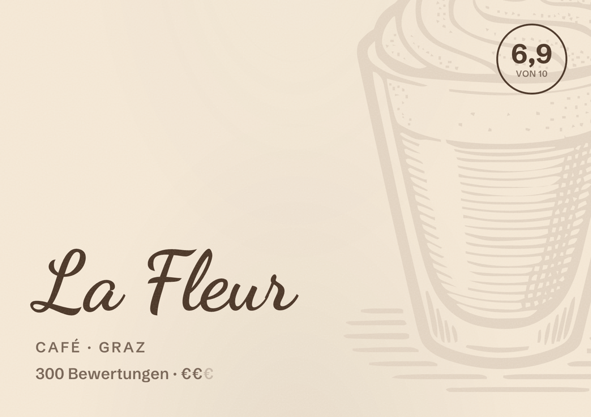 Illustriertes Poster von La Fleur, Café in Graz: Bewertung 6,9 von 10 aus 300 Bewertungen, Preisniveau €€