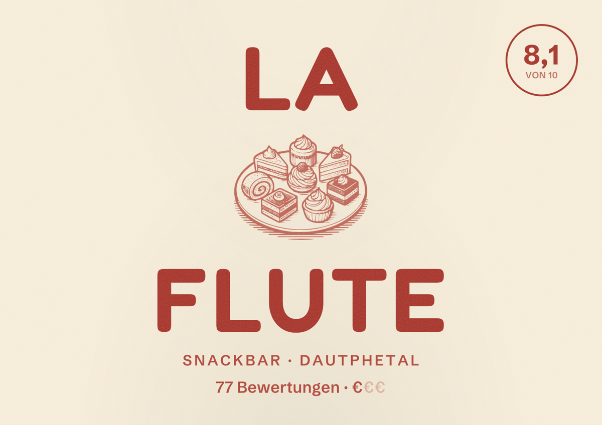Illustriertes Poster von La Flute, Snackbar in Dautphetal: Bewertung 8,1 von 10 aus 77 Bewertungen, Preisniveau €